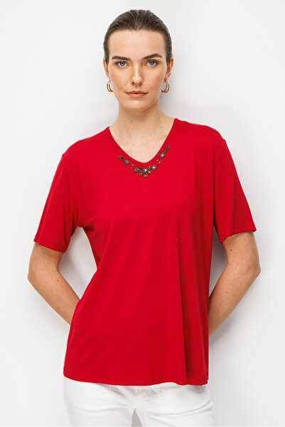 Desen Triko Γυναικείο μπλουζάκι με λαιμόκοψη V, κεντημένο, από χτενισμένο βαμ...