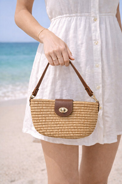 kikiriktekstil 10871 Γυναικεία ψάθινη τσάντα με μακρύ λουράκι και λεπτομέρεια...