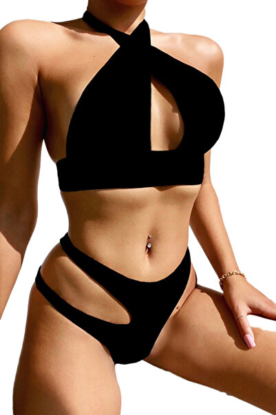 EFAYN.RO Women's swimsuit, black, 2 pieces, Brazilian briefs and V-neck bra, ...