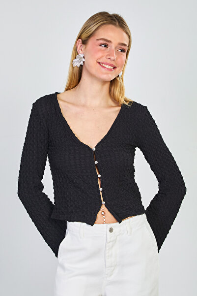 BARRELS AND OIL Γυναικεία Μπλούζα με Κουμπιά Μπροστά Ισπανικού Στυλ - Μαύρη