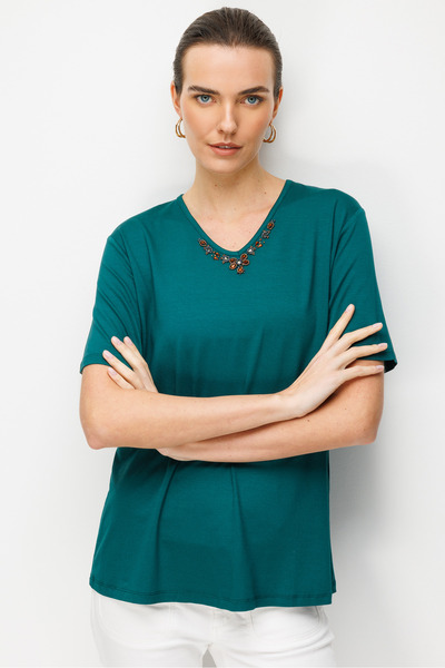 Desen Triko T-Shirt - Πράσινο - Κανονική εφαρμογή