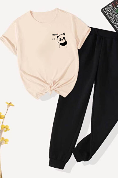 Joetsu Panda Printed T-Shirt - Jogger T-Shirt Crew Neck Bottom Top Tracksuit Set