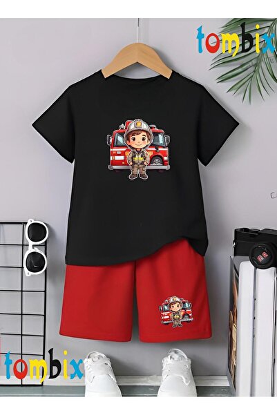 tombix Firefighter Children's Printed T-Shirt Shorts Summer Children's Set