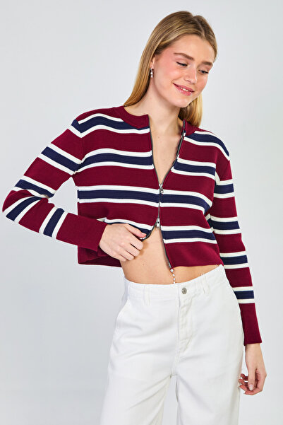 BARRELS AND OIL Γυναικεία ριγέ ζακέτα με διπλό φερμουάρ - Βουργουνδίας