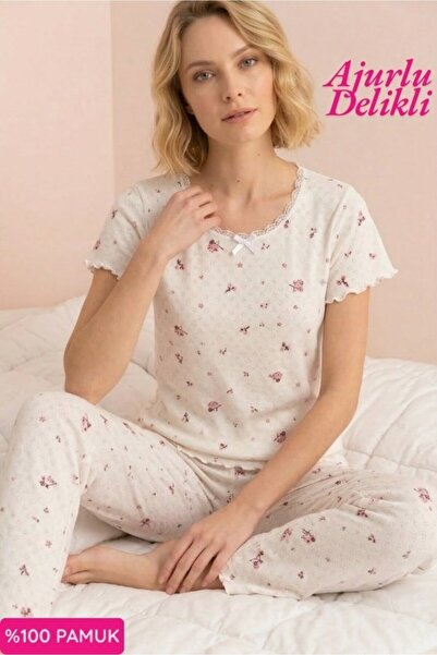 bie's Σετ πιτζάμες με κοντό μανίκι, μπλε φλοράλ, με λεπτομέρεια δαντέλας χωρί...