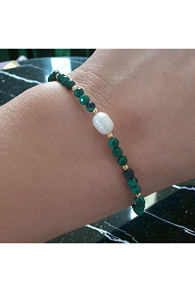 Ezera Κομψό ελαστικό βραχιόλι Ελίνα από μαλαχίτη με μαργαριτάρι και επιχρυσωμ...