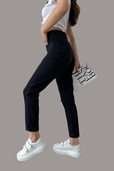 Livik Γυναικείο μαύρο τζιν παντελόνι Mom με ψηλή μέση και ελαστική μέση από L...