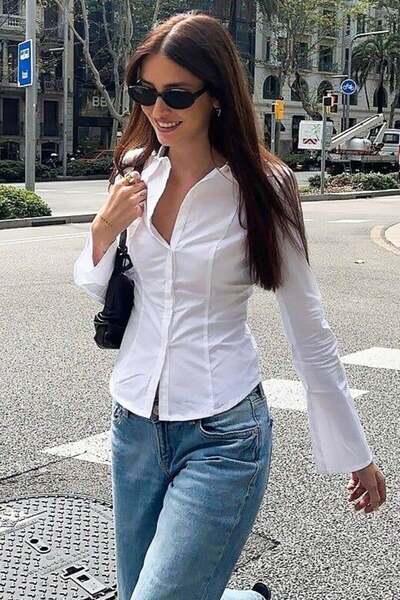 ARS Butik Πουκάμισο με μακριά μανίκια από ισπανική ποπλίνα Y2K σε στενή γραμμή