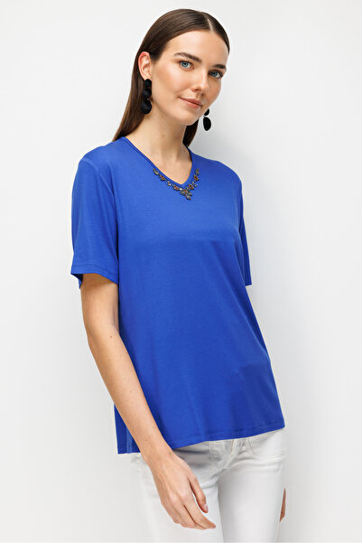 Desen Triko Γυναικείο μπλουζάκι από χτενισμένο βαμβάκι με κέντημα στο λαιμό σ...