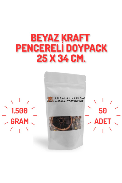 MSB Ambalaj 25x34 cm. Beyaz Kraft Pencereli Doypack - 50 Adet