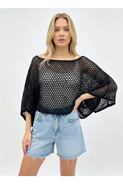 Noi Belis Διάτρητη Υπερμεγέθης Μπλούζα Πλεκτό με Λαιμόκοψη Καγιάκ SS26BZ0126