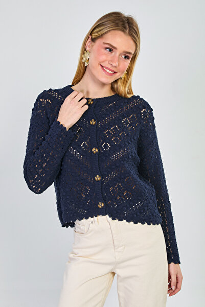 BARRELS AND OIL Γυναικεία ζακέτα με κουμπιά και διάτρητο σχέδιο - Μπλε ναυτικό