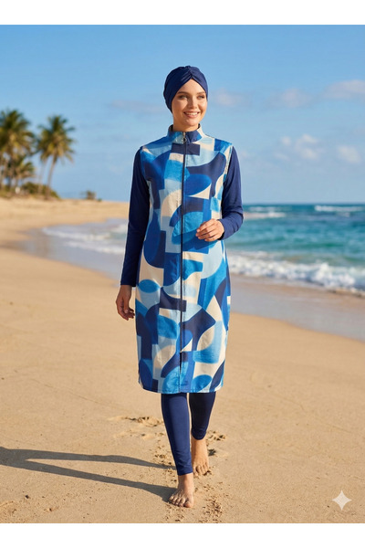 My-o Γυναικείο ολόσωμο μπλε γεωμετρικό σετ μαγιό με γεωμετρικό σχέδιο