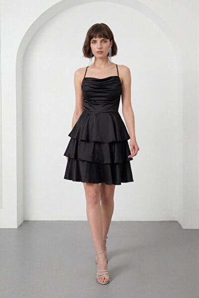 Lafaba Women's Black Thin Strap Degaje Collar Mini Satin Homecoming Evening D...