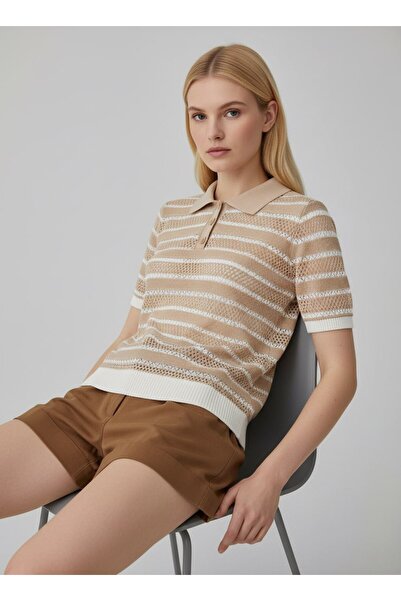Noi Belis Çizgili Polo Yaka Yarım Pat Düğmeli Triko Bluz SS26BZ0127