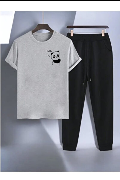 Joetsu Panda Printed T-Shirt - Jogger T-Shirt Crew Neck Bottom Top Tracksuit Set