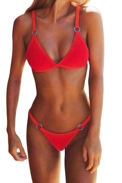 EFAYN.RO Costum de baie dama, rosu, 2 piese, imprimeu uni, sutien reglabil, s...