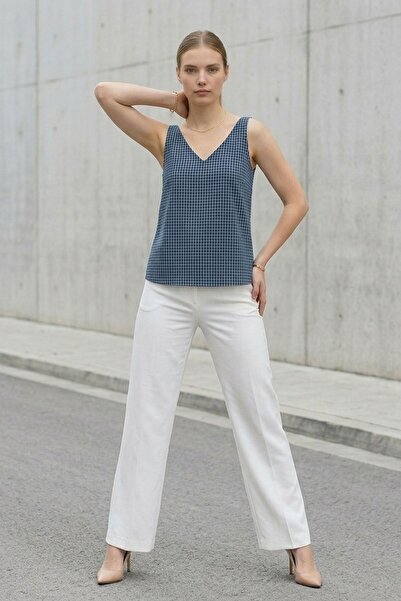 Lupinn Women's Blue Plaid Strappy Blouse V-Neck Loose Summer Casual Cut Daily...