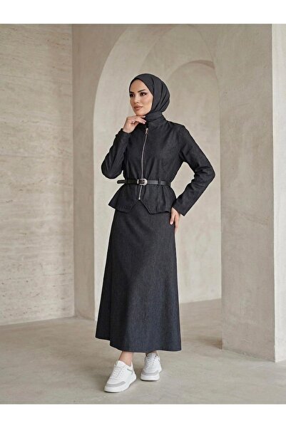 Foremia Zipper Detail Skirt Suit-Black