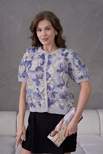 Noi Belis Floral Tulle Detailed Short Sleeve Knitwear Cardigan Ss26Hi0009