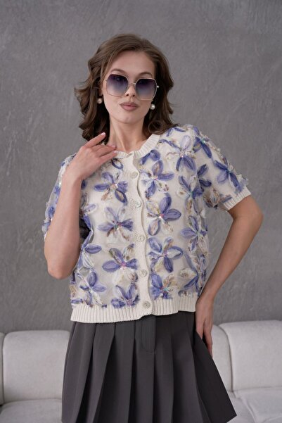 Noi Belis Floral Tulle Detailed Short Sleeve Knitwear Cardigan Ss26Hi0009