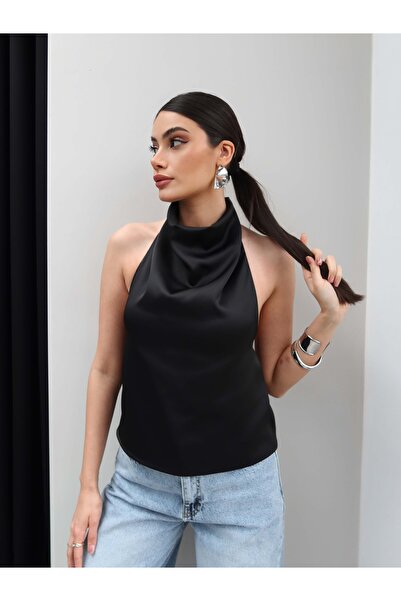 ESRAHELVACI Σατέν μπλούζα με ανοιχτή πλάτη και γιακά Degaje