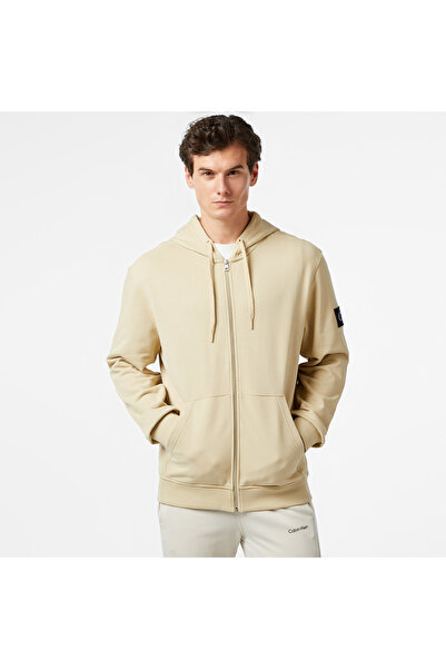 Calvin Klein Jeans Badge Zip Through Erkek Bej Hoodie