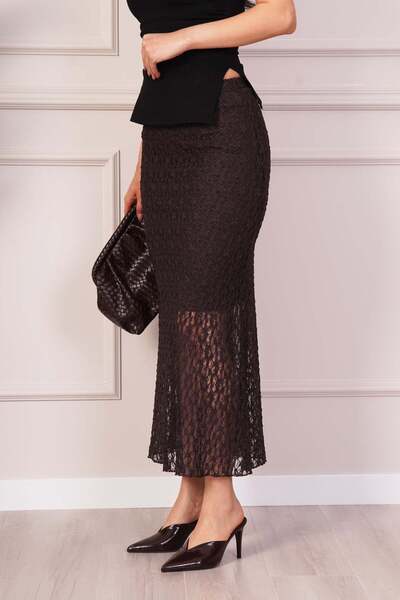 Hipo Trend Δαντελένια Λεπτομερής Φούστα Μίντι σε Καφέ Χρώμα με Φόδρα