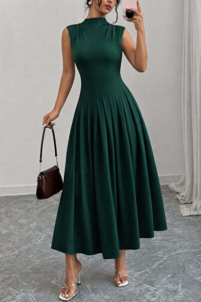 Deafox Σμαραγδί πράσινο γυναικείο μακρύ φόρεμα με ζιβάγκο, αμάνικο, πλισέ, απ...