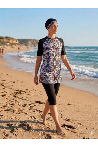 My-o Women's Black Ethnic Patterned Half Hijab Swimsuit