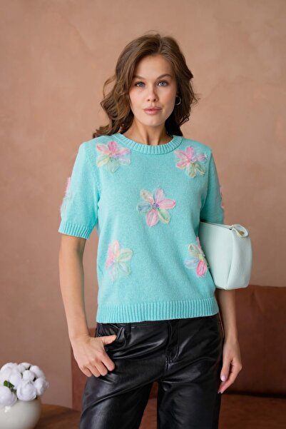 Noi Belis Λεπτομερής κοντομάνικη πλεκτή μπλούζα από τούλι με λουλούδια SS26BZ...