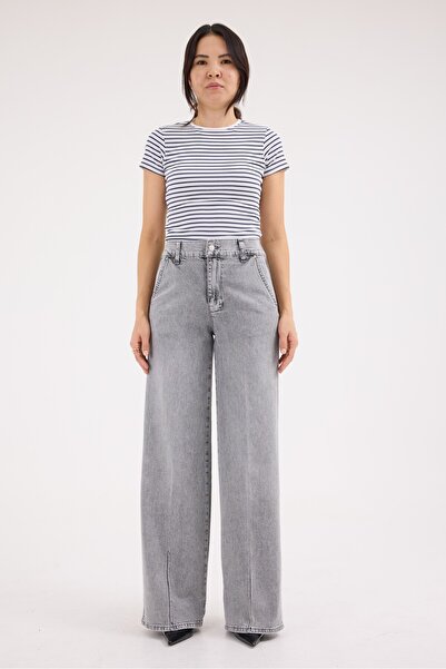 cracpot Kadın Gri Kar Yıkama Wide Leg Jean Pantolon – Yüksek Bel Comfort Fit ...
