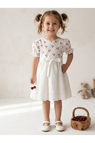 Cherrys Bebek Φόρεμα κοριτσιού από βαμβακερό κεντητό ύφασμα με όψη κερασιού
