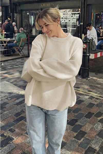 ModaYaren Γυναικείο πουλόβερ Ecru Crew Neck Oversize Πλεκτό