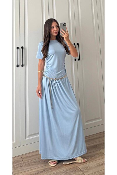 MAESTRO WOMAN Γυναικείο φόρεμα Baby Blue Oversize με κορδόνι και κοντά μανίκια