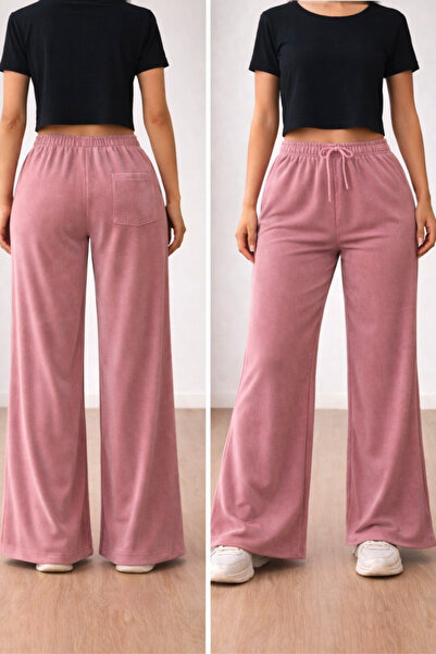 Büyük Beden Kadın Arka Cepli Geniş Paça Şardonsuz 3 İplik Alt Pantolon