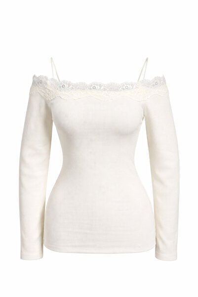 Mixray 2062 Γυναικεία Κρεμ Μπλούζα με Δαντέλα Carmen Collar