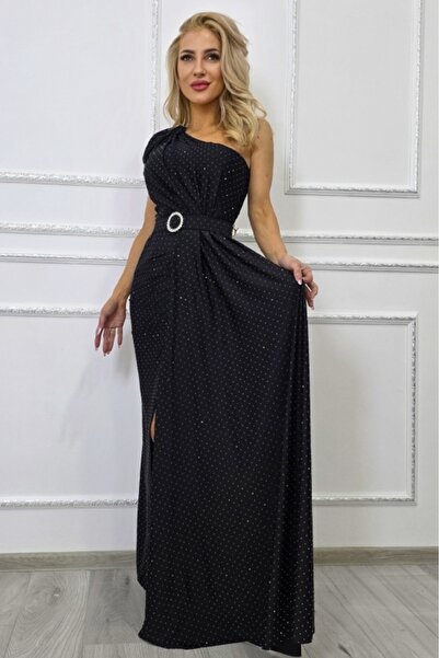 FashionForYou Rochie lunga eleganta Velanora cu cristale, croiala asimetrica ...