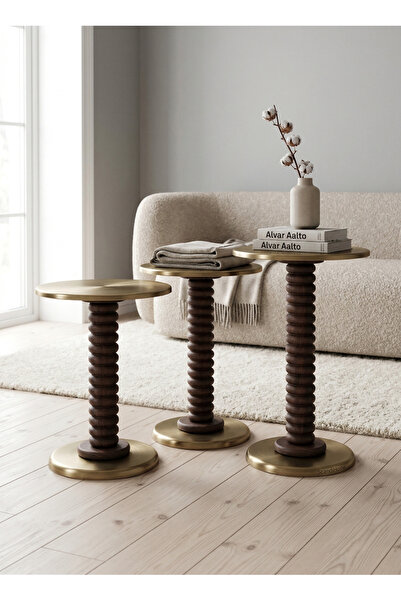 goji home decor 3'lü Ahşap Metal Sehpa Pirinç Kaplama 50-55-60 cm Naturel Cev...
