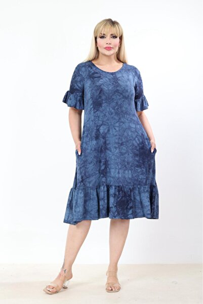 mami butik Plus Size Knee Length Sleeves and Skirt Ruffle Detailed Stylish Po...