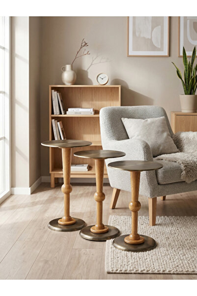 goji home decor 3'lü Ahşap Metal Sehpa Pirinç Kaplama 50-55-60 cm Naturel Cev...