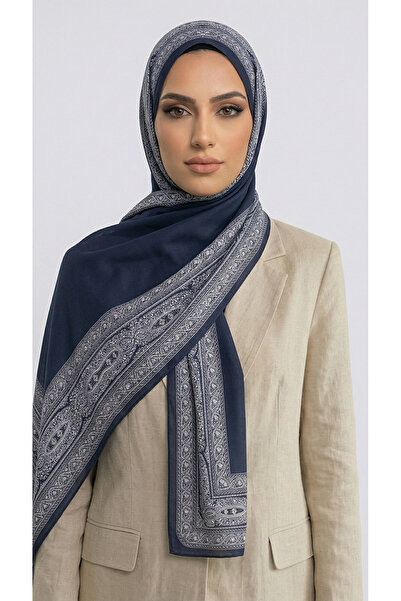 Karaca Chain Pattern Cotton Shawl - Navy Blue / White