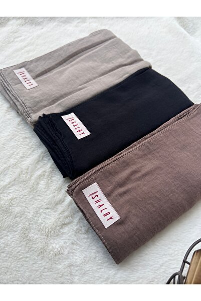shalby Hijab Plain Cotton Crash Shawl Set of 3 (Mink - Black - Milk Coffee)