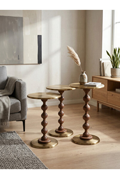 goji home decor 3'lü Ahşap Metal Sehpa Pirinç Kaplama 50-55-60 cm Naturel Cev...