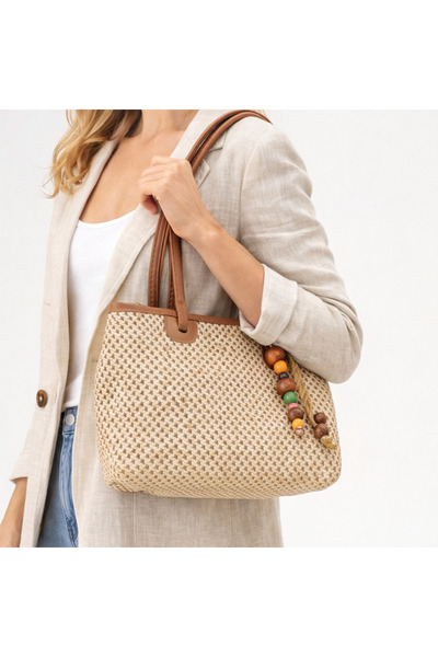 kikiriktekstil 10866 Γυναικεία δερμάτινη τσάντα με ψάθινη διακόσμηση