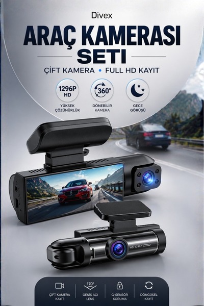 Divex 1296P Ultra HD Çift Araç Kamerası Seti - 360° Dönebilir Lens, Gece Görü...