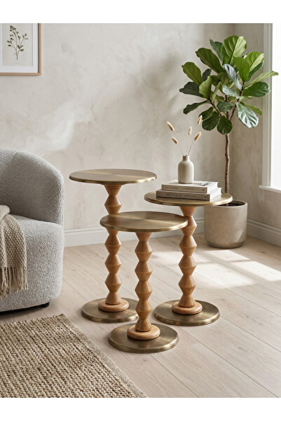goji home decor 3'lü Ahşap Metal Sehpa Pirinç Kaplama 50-55-60 cm Naturel Cev...