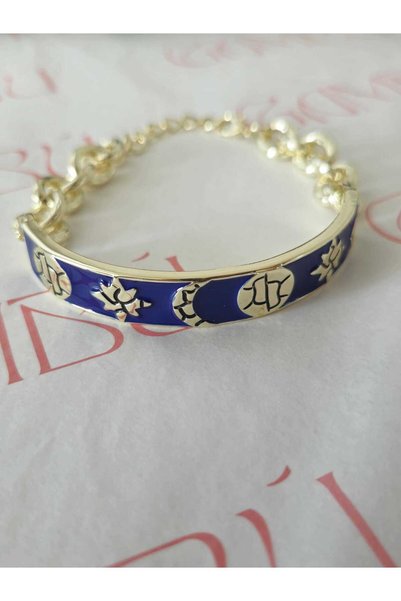GAMBU Navy Blue Enamel Moon and Star Patterned Women's Stainless Steel Bracelet