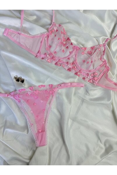 İNKO İÇ GİYİM Σετ σουτιέν και στρινγκ από τούλι με ροζ σχέδιο καρδιάς και λεπ...