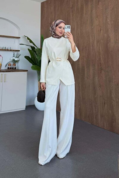 Hazamoda Cift Ön Detaylı Pantolon Takım Taş